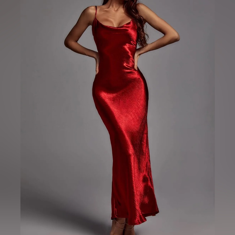 Red Burgundy Satin Cowl Neck Maxi dress